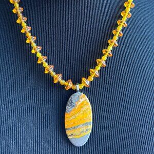 Yellow Jasper pendant and earrings strung with vintage plastic beads